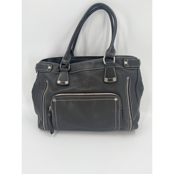 LONG CHAMP Charcoal Gray Leather Shoulder Bag Exterior Pocket 9.75"x13.75x4.25" - Picture 4 of 16
